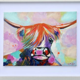 An original painting of a highland cow. Acrylic on canvas. 54 x 44 cm framed. Framed in a solid wood white box frame. Free shipping within Ireland.An original painting of a highland cow. Acrylic on canvas. 54 x 44 cm framed. Framed in a solid wood white box frame. Free shipping within Ireland.